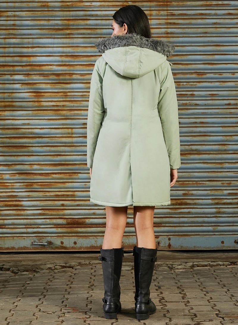 PINACOLADA Women's Sage Green Long Puffer Jacket With Fur Detail - Image 5