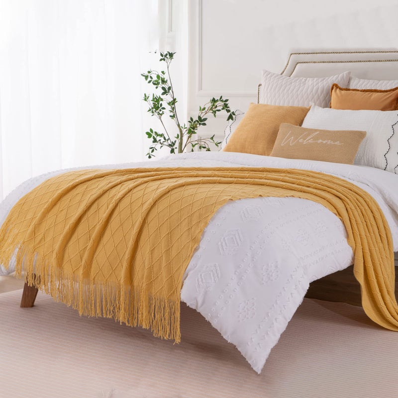 BATTILO HOME Yellow Throw Blanket with Fringe, Gold Bed Throws Spring Decorative Large Throw for Couch Sofa Indoor Outdoor (Yellow, 52"x80") - Image 5