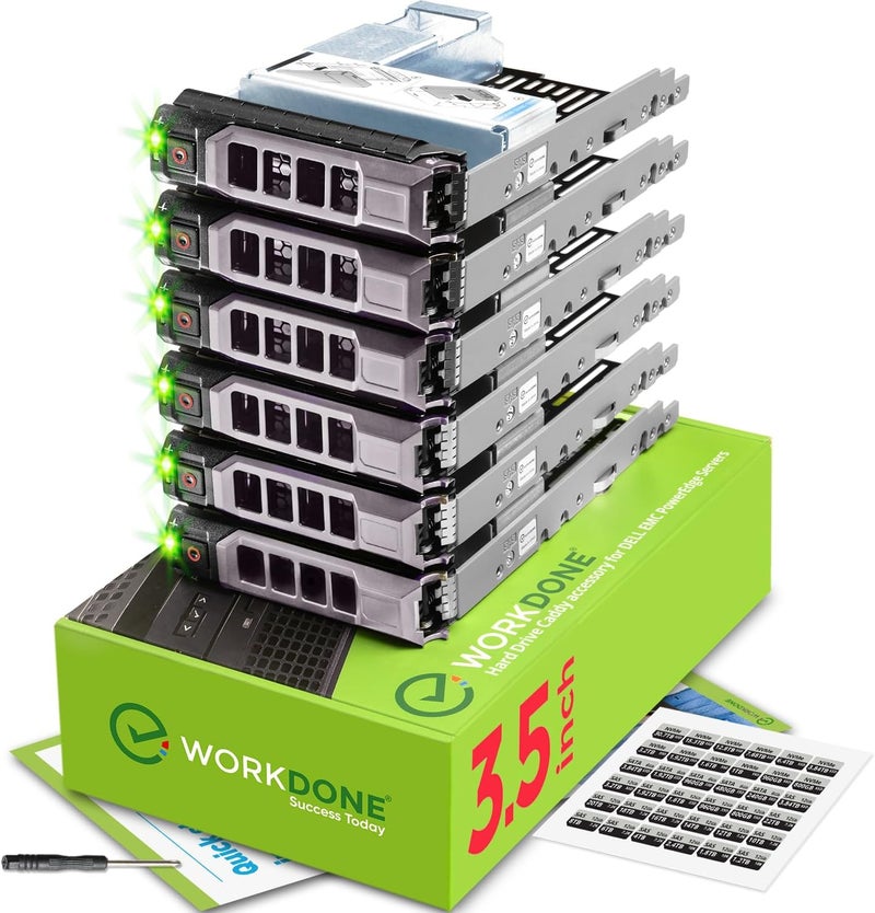 WORKDONE 6-Pack - 3.5" Hard Drive Caddy with 2.5" HDD Adapter - Compatible for Dell PowerEdge Selected 11-13th Gen. Servers - Manual - Front Sticker Labels - Screwdriver - Strong Tray Screws - Image 1