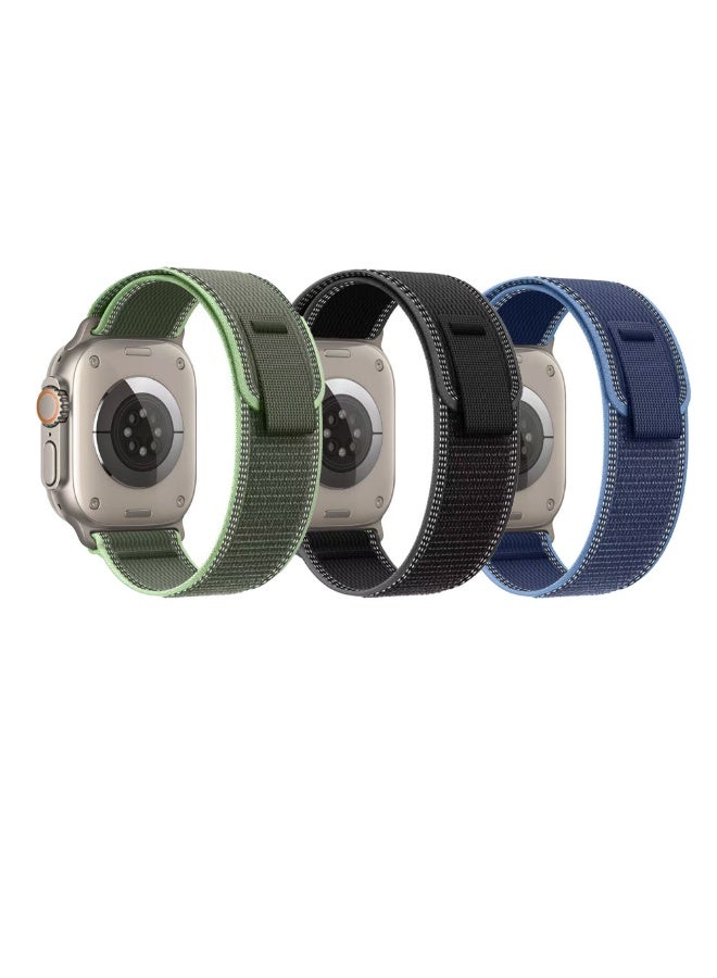 DKNG 3-piece set Apple Watch Series 11/10 46mm nylon woven hook-and-loop replacement bands, compatible with Ultra 3/2 SE 3/2. Colors: Charcoal Gray / Green / Blue - Image 3