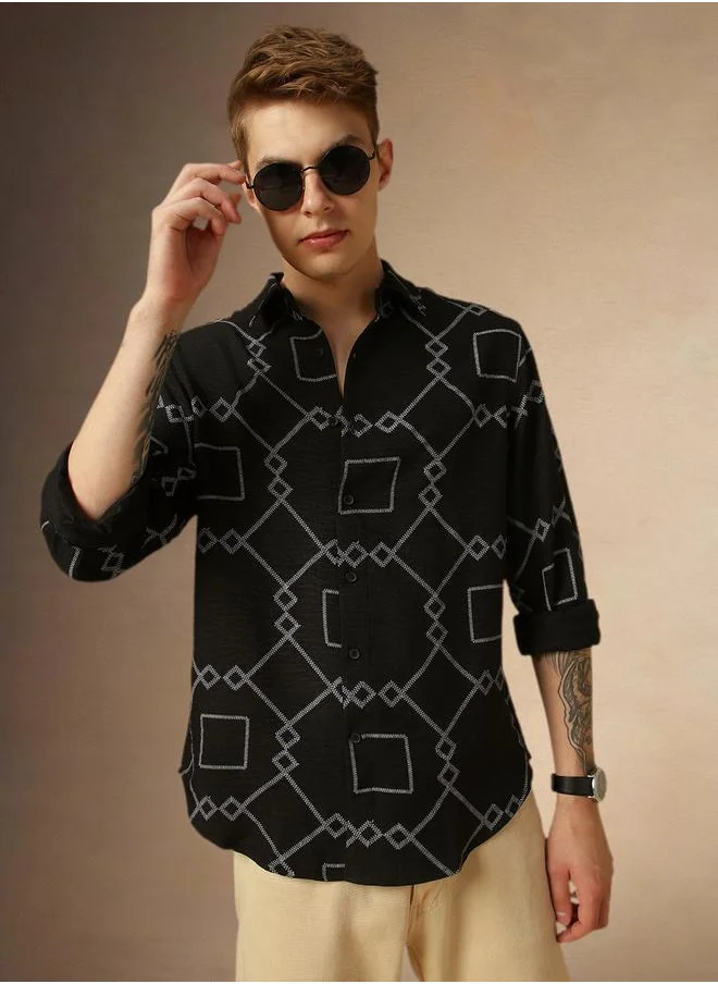 دينيس لينغو Dennis Lingo Printed Relaxed Fit Spread Collar Shirt
