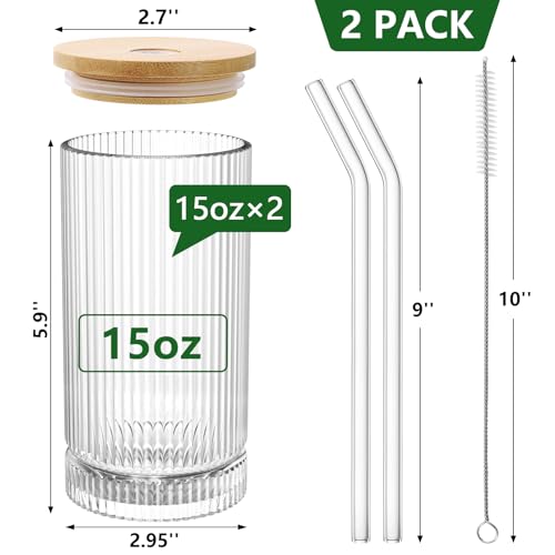 CWHHRN 15 Oz Glass Cups with Lid and Straw, Iced Coffee Cups with Lid, Vintage Glassware for Whiskey Cocktail Beer (2 PACK) - Image 2