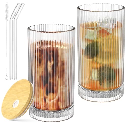 CWHHRN 15 Oz Glass Cups with Lid and Straw, Iced Coffee Cups with Lid, Vintage Glassware for Whiskey Cocktail Beer (2 PACK) - Image 1