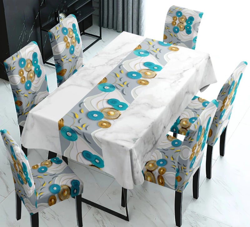 Styleys Dining Chair Cover with Table Covers for Kitchen Waterproof Dining Table Cloth (1 Table Cover + 6 Chair Cover, Circle Multi, K733) - Image 1