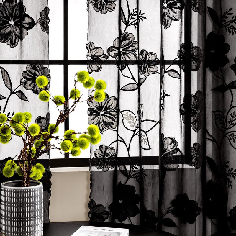 Treatmentex Black Sheer Lace Curtains for Bedroom Living Room Studio 84inch Long Vintage Rose Floral Embroidered Semi Sheer Curtain Panels Privacy Leaf Sheer Drapes with Scalloped Edge 54" w 2pcs 7ft - Image 5