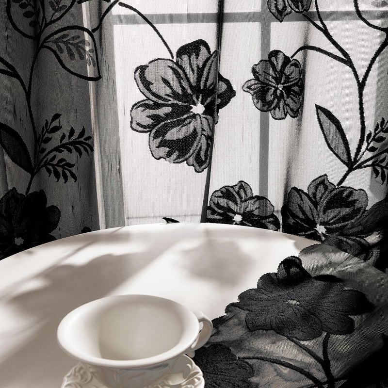 Treatmentex Black Sheer Lace Curtains for Bedroom Living Room Studio 84inch Long Vintage Rose Floral Embroidered Semi Sheer Curtain Panels Privacy Leaf Sheer Drapes with Scalloped Edge 54" w 2pcs 7ft - Image 3