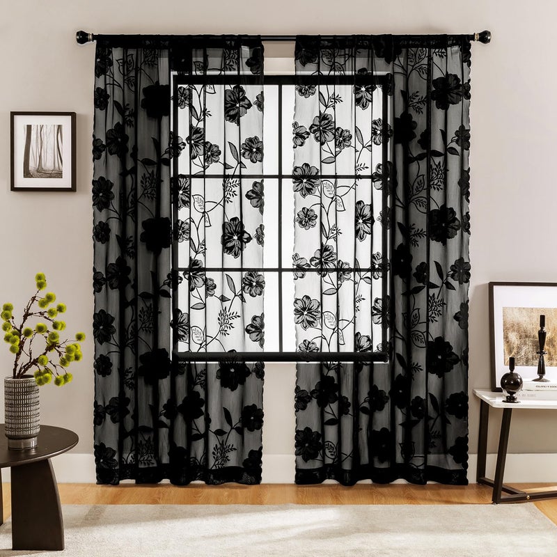 Treatmentex Black Sheer Lace Curtains for Bedroom Living Room Studio 84inch Long Vintage Rose Floral Embroidered Semi Sheer Curtain Panels Privacy Leaf Sheer Drapes with Scalloped Edge 54" w 2pcs 7ft - Image 2