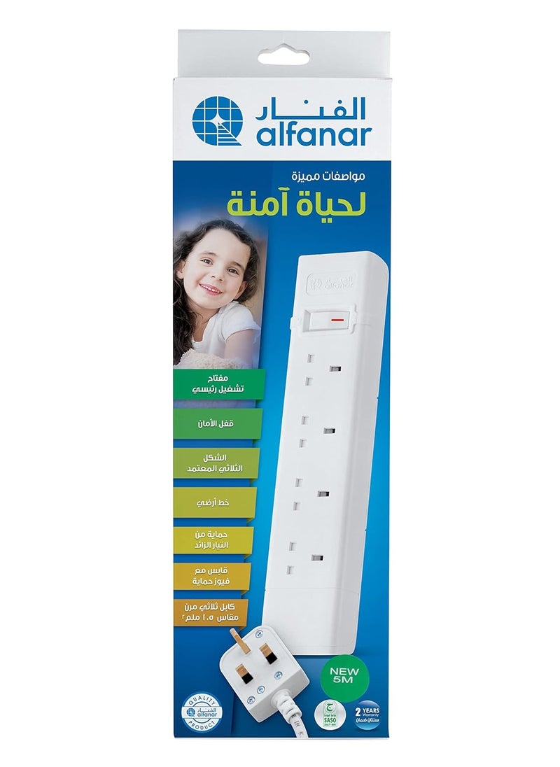 alfanar - 4-Socket 5m Extension Cord With Safety Switch 2990 Watt Max Power 13 amp White - Image 1