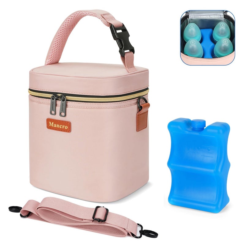 Mancro Baby Bottle Bag for Breastmilk Breast Milk Cooler Bag with Ice Pack Fits 4 Milk Bottles Up to 9 Ounce with Adjustable Shoulder Strap Lnsulation Breast Milk Cooler Travel Gifts Pink