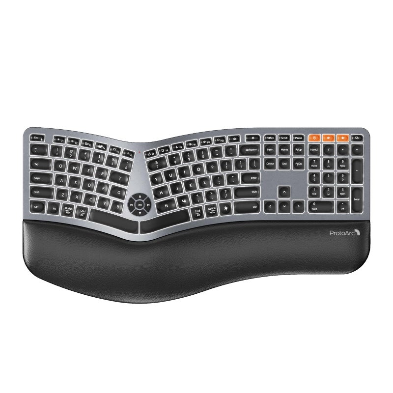 ProtoArc Backlit Bluetooth Ergonomic Keyboard ProtoArc EK01 Plus Full Size Wireless Split Keyboard with Dual Bluetooth and USB Cushioned Wrist Rest Rechargeable for WindowsMacAndroid Grey Black - Image 2
