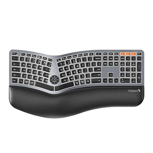 ProtoArc Backlit Bluetooth Ergonomic Keyboard ProtoArc EK01 Plus Full Size Wireless Split Keyboard with Dual Bluetooth and USB Cushioned Wrist Rest Rechargeable for WindowsMacAndroid Grey Black - Image 1