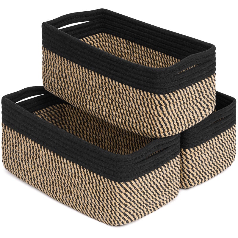 Goodpick Storage Baskets Shelf Baskets for Organizing Dog Toy Basket Closet Organizer Bins Nursery Woven Basket for Storage Cube Decorative Box 3 Pack Black Jute 13 x 8 x 5 in - Image 2