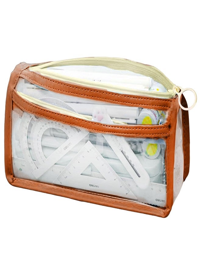 FunBlast Large Capacity Pencil Bag, Transparent Pencil Pouch with Zipper Closure Portable Makeup Pouch, Aesthetic Pouch, Cute Stationery Bag for Students Girls Adults Office (Tan) - Image 1