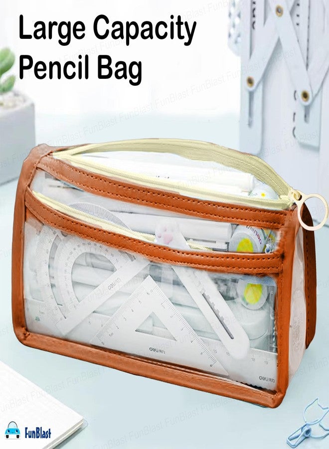 FunBlast Large Capacity Pencil Bag, Transparent Pencil Pouch with Zipper Closure Portable Makeup Pouch, Aesthetic Pouch, Cute Stationery Bag for Students Girls Adults Office (Tan) - Image 2