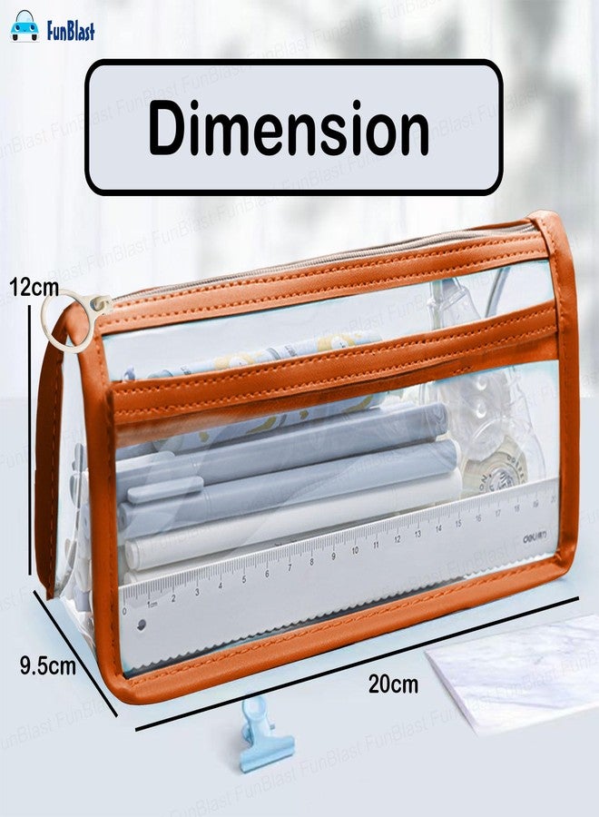 FunBlast Large Capacity Pencil Bag, Transparent Pencil Pouch with Zipper Closure Portable Makeup Pouch, Aesthetic Pouch, Cute Stationery Bag for Students Girls Adults Office (Tan) - Image 3