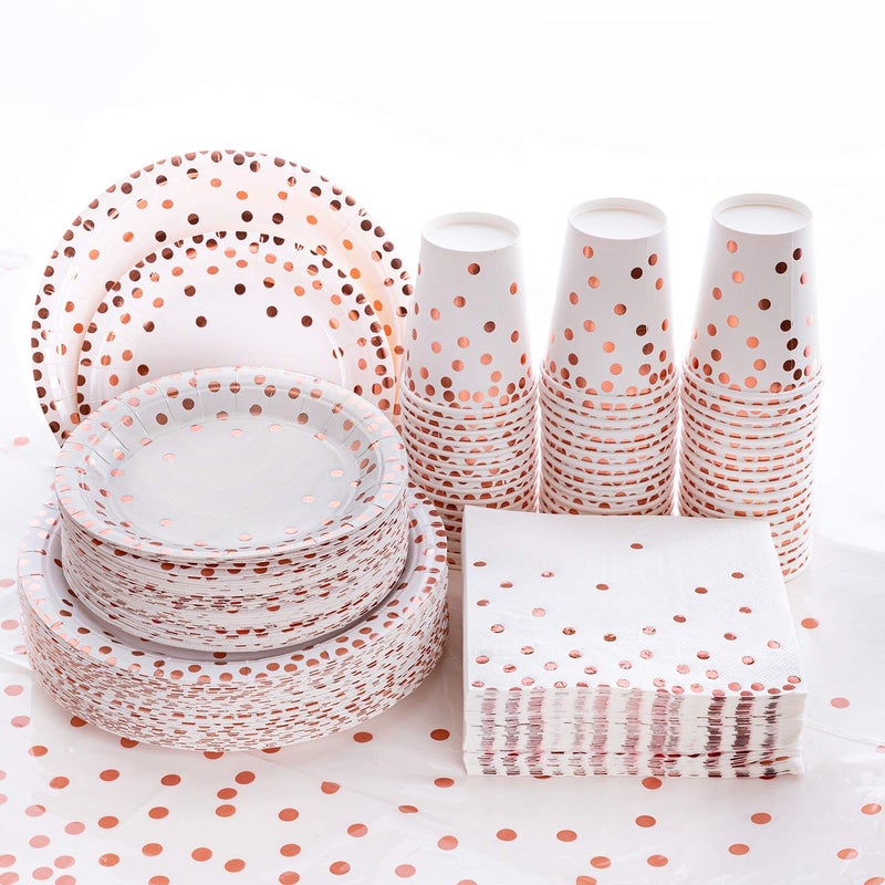 hapray 201PCS Disposable Paper Plates Rose Gold Party Supplies Polka Dots Birthday and Baptism Decorations include Cups Napkins Plastic Tablecloth for Baby Shower Mothers Day