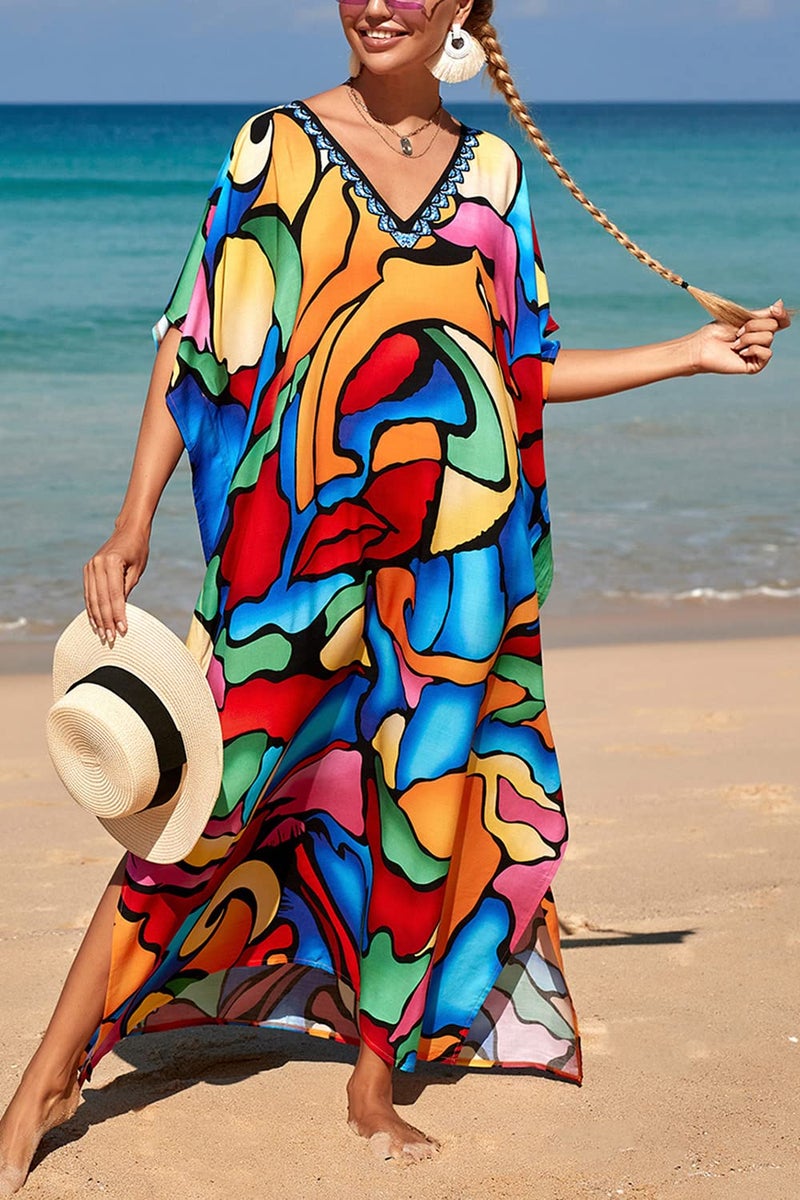 YouKD Women's Long Kaftan Bohemian Beach Swimsuit Cover Up Dress Plus Size Robe - Image 4