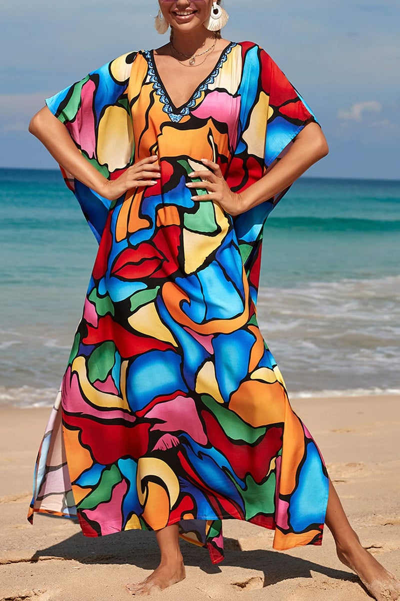 YouKD Women's Long Kaftan Bohemian Beach Swimsuit Cover Up Dress Plus Size Robe - Image 3