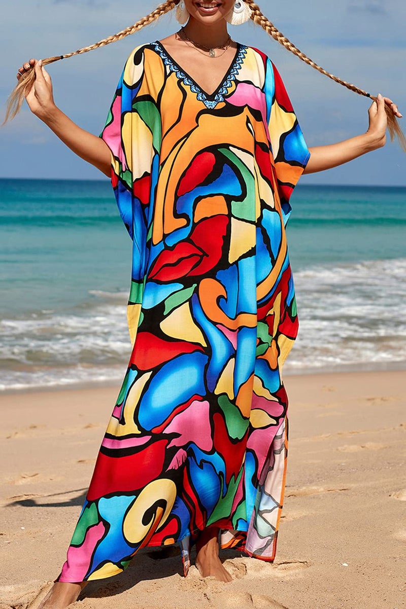 YouKD Women's Long Kaftan Bohemian Beach Swimsuit Cover Up Dress Plus Size Robe - Image 5