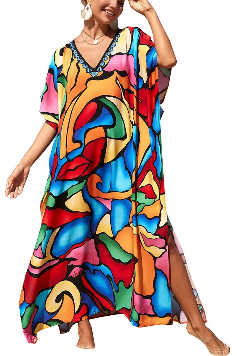 YouKD Women's Long Kaftan Bohemian Beach Swimsuit Cover Up Dress Plus Size Robe - Image 1