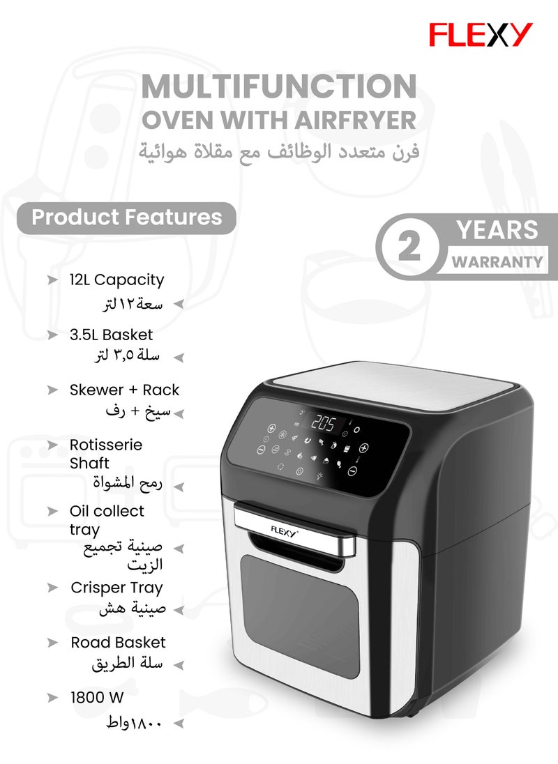 Air Fryer 12L 1800W Digital With Touch Controls And Clear Window Includes 10 Presets 6 Accessories For Roasting Baking Dehydrating Reheating