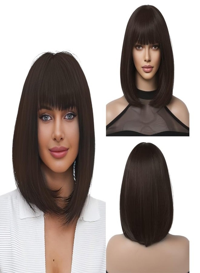 بلوشيا باروكة بوب قصيرة من BLUSHIA للنساء، تغطي الرأس بالكامل، باروكة بوب قصيرة بنية اللون، باروكة شعر صناعي قصير يصل إلى الكتف مع غرة، باروكة بوب مستقيمة للنساء للاستخدام اليومي، مناسبة لأزياء ديوالي التنكرية، طولها 14 بوصة - Image 1
