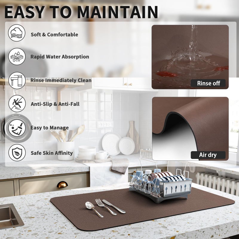 HotLive Dish Drying Mat for Kitchen Counter, Heat Resistant Drainer Mats with Non-slip Rubber Backed, Hide Stain Kitchen Super Absorbent Draining Mat, Easy to Clean Dish Rack Pad, Brown 16"x18" - Image 4