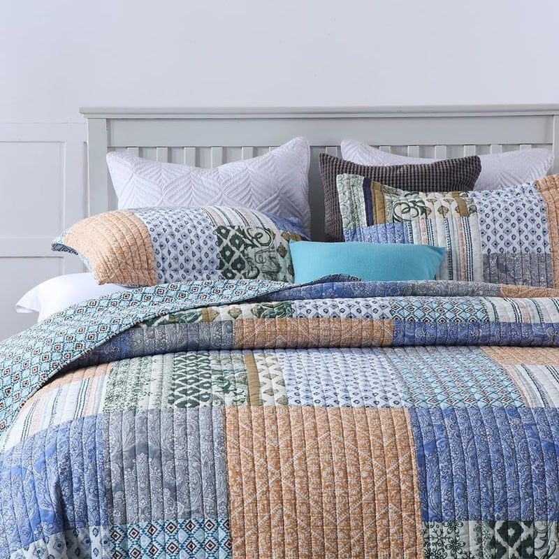 VISIMISI Cotton Bedspread Quilt Sets 3 Pieces Reversible Coverlet Sets Comforters Blue Bohemian Patchwork Bedspread,Blue Paisley Pattern, Queen Size - Image 2
