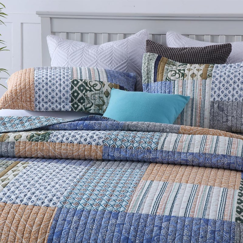 VISIMISI Cotton Bedspread Quilt Sets 3 Pieces Reversible Coverlet Sets Comforters Blue Bohemian Patchwork Bedspread,Blue Paisley Pattern, Queen Size - Image 3