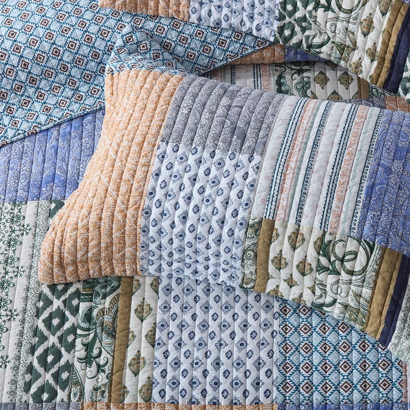VISIMISI Cotton Bedspread Quilt Sets 3 Pieces Reversible Coverlet Sets Comforters Blue Bohemian Patchwork Bedspread,Blue Paisley Pattern, Queen Size - Image 5