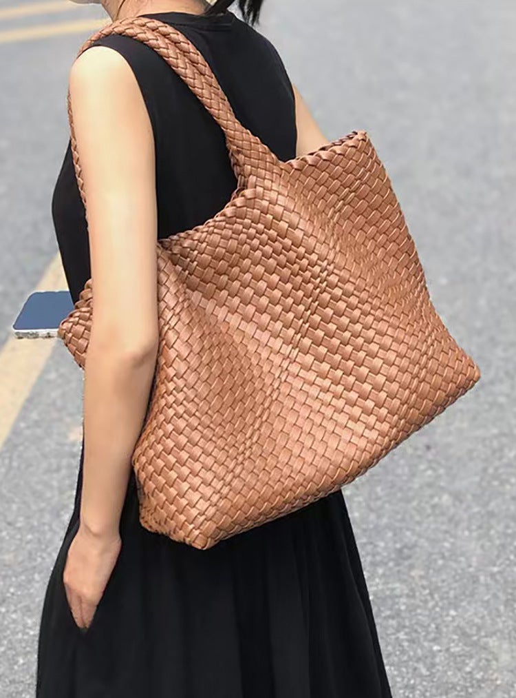 High-Class Large-Capacity Hand-Woven Bag Tote Bag One-Shoulder Bucket Bag Vegetable Basket Bag Tide - Image 3