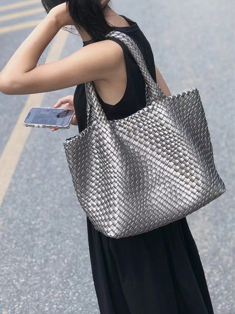 High-Class Large-Capacity Hand-Woven Bag Tote Bag One-Shoulder Bucket Bag Vegetable Basket Bag Tide - Image 5