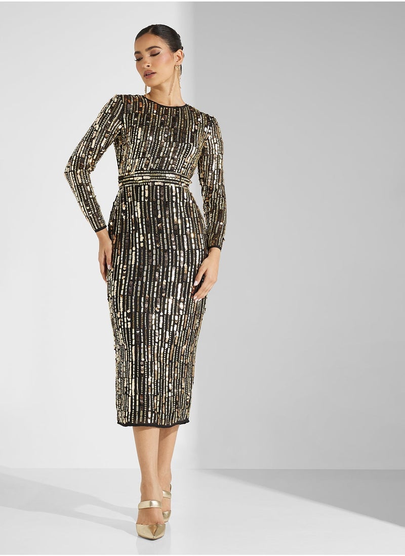 Amelia Rose Crew Neck Sequiin Midi Dress  - Image 1