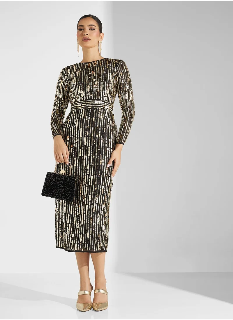 Amelia Rose Crew Neck Sequiin Midi Dress