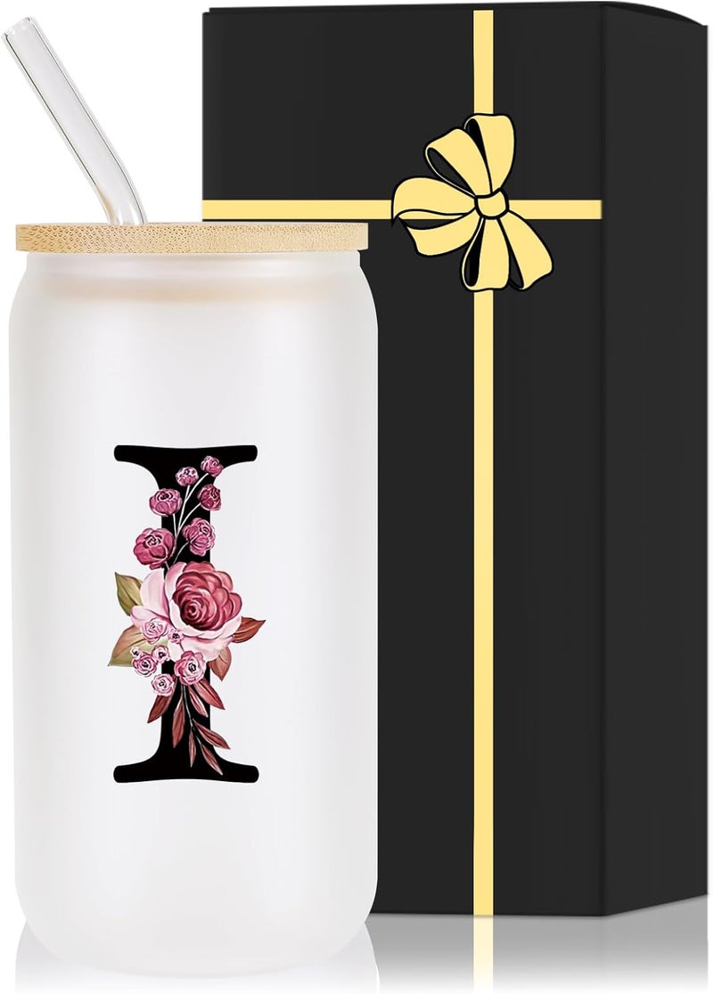 Wulcea Monogrammed Glass Drinking Cup With Lid Straw Women Thank you Appreciation Gratitude Gifts Female Teacher End of Year School Bus Driver Nurse Pastor Team Mom Coach Crossing Guard Scout Leader Doctor,I - Image 1
