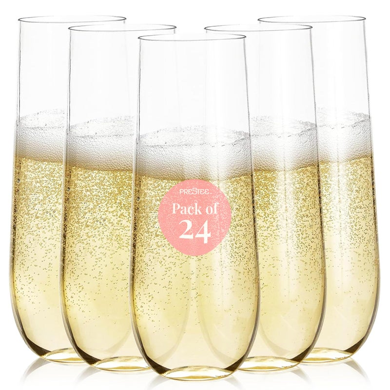 Prestee 24Pack Stemless Plastic Champagne Flutes  9 oz Clear Disposable Glasses for Wine Cocktails Mimosas  Champagne Flutes Plastic for Parties and Celebrations