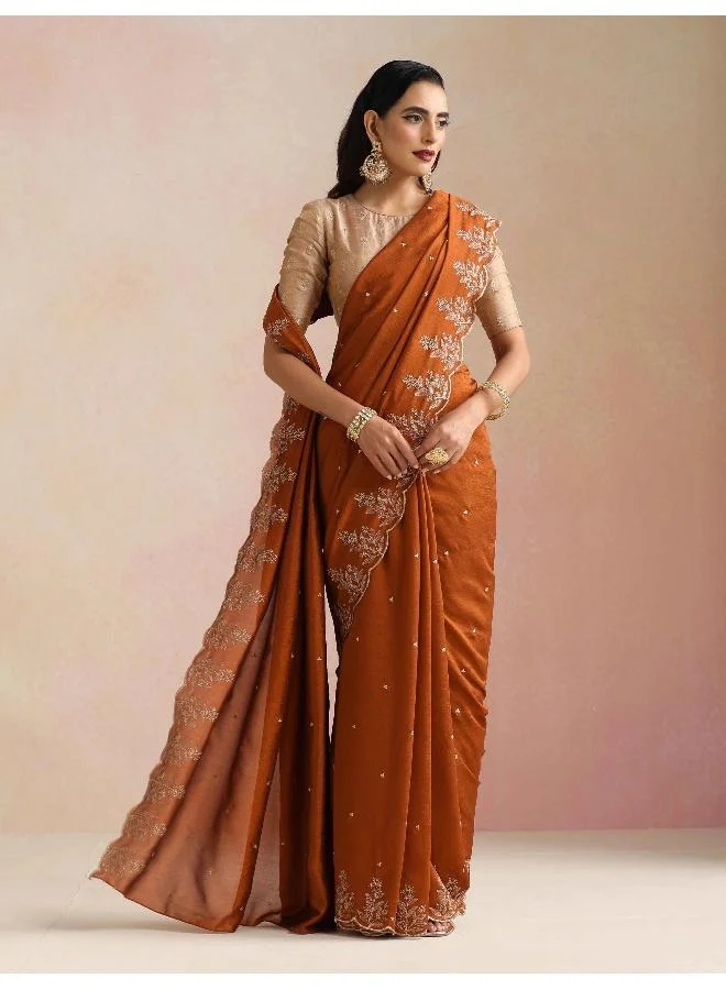 trueBrowns Rust All Over Zari Embroidered Saree With Unstitched Blouse