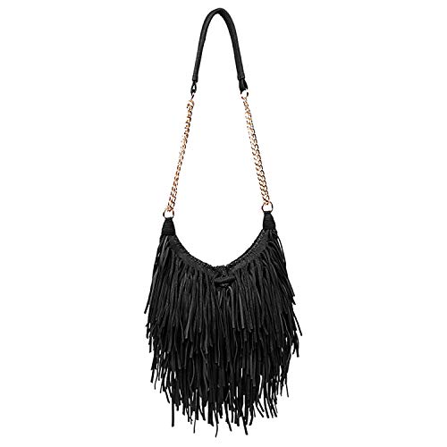 LUI SUI Women's Fashion Fringed Shoulder Bag Tassel Cross Body Bags (Black) - Image 1