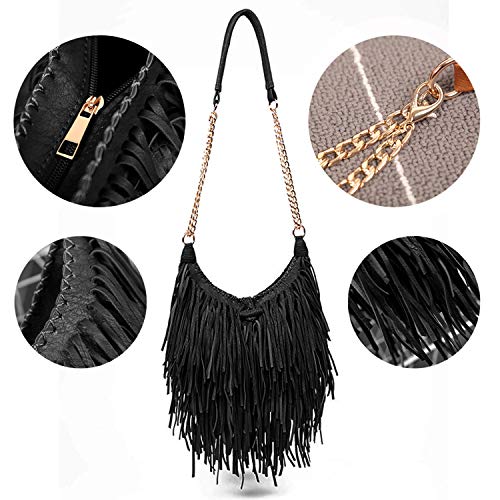 LUI SUI Women's Fashion Fringed Shoulder Bag Tassel Cross Body Bags (Black) - Image 3