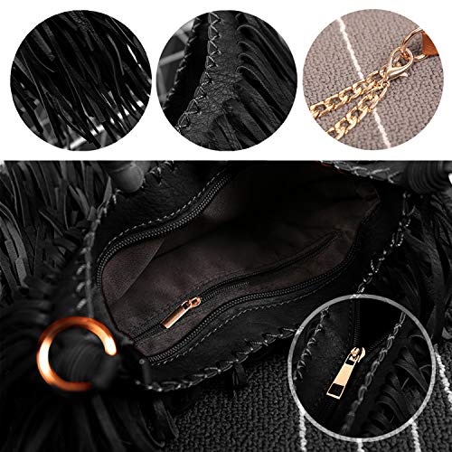 LUI SUI Women's Fashion Fringed Shoulder Bag Tassel Cross Body Bags (Black) - Image 5