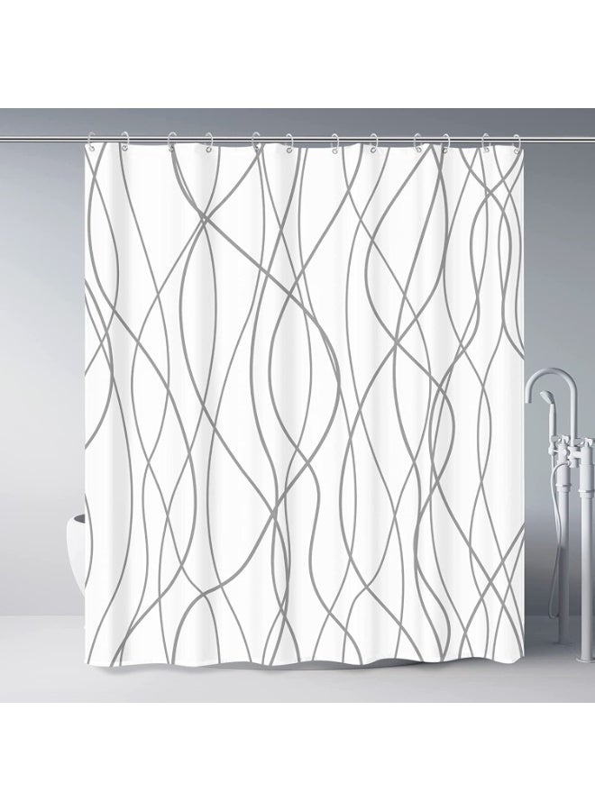 Shower Curtain, Fabric Shower Curtain for Bathroom, Grey and White Fabric with 12 Hooks, Weighted Hem, Waterproof Bath Accessories Hotel Style, Machine Washable - Image 1