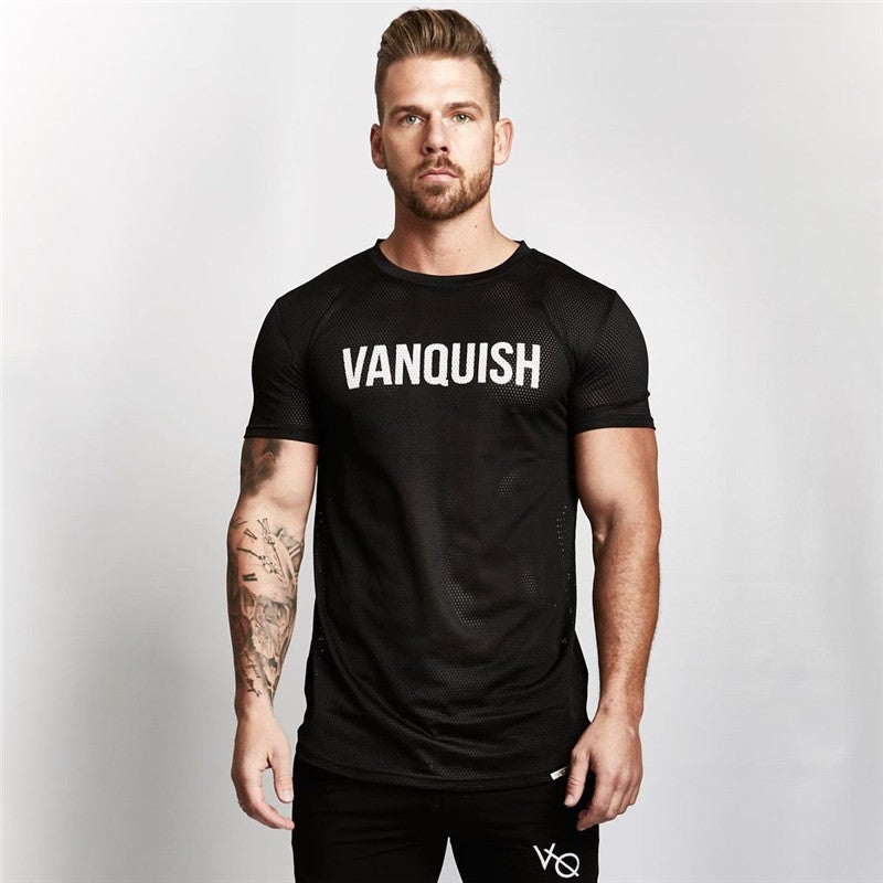 Summer New Fitness Sports Casual Short-Sleeved Running Sweat-Absorbent Tight Cotton T-Shirt Dropshipping Mesh black