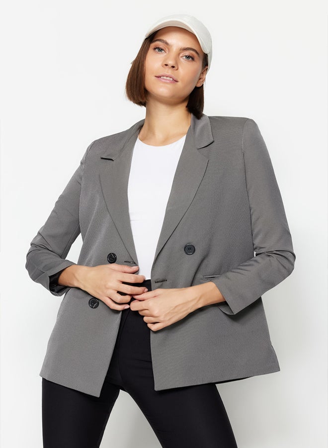 trendyol Gray Regular Lined Buttoned Woven Blazer Jacket - Image 2