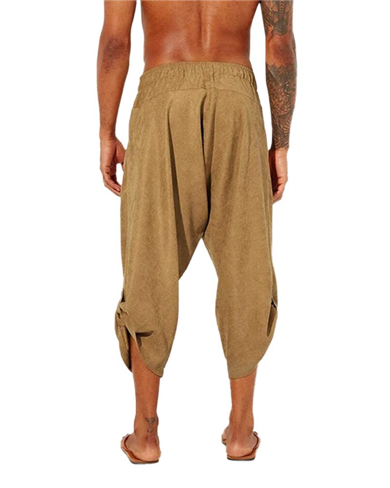 Gafeng Mens Linen Harem Capri Pants Drawstring 3/4 Shorts Casual Beach Yoga Hippie Thai Pants - Image 3