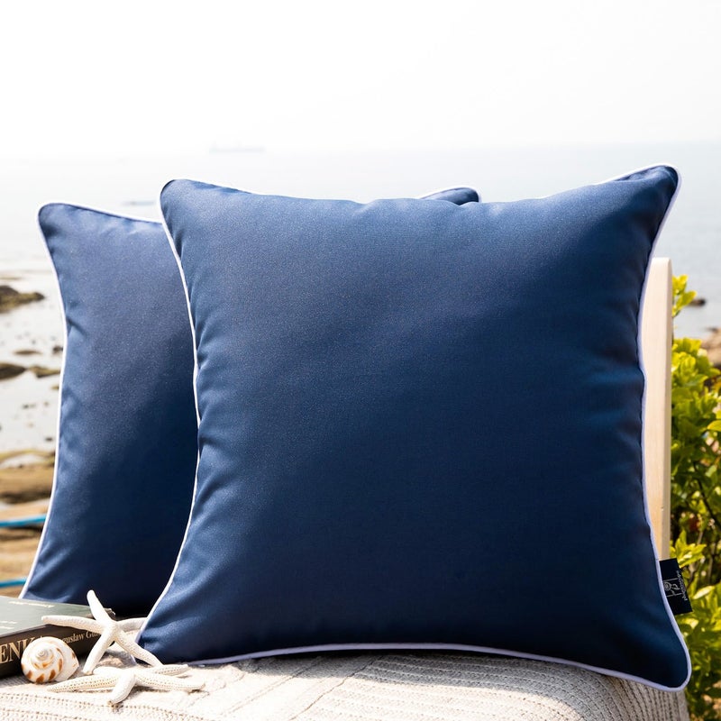 Phantoscope Pack of 2 Outdoor Waterproof Throw Pillow Covers with Contrast Piping Decorative Square Cushion Case Patio Pillows for Couch Tent Sunbrella Dark Blue 18x18 inches