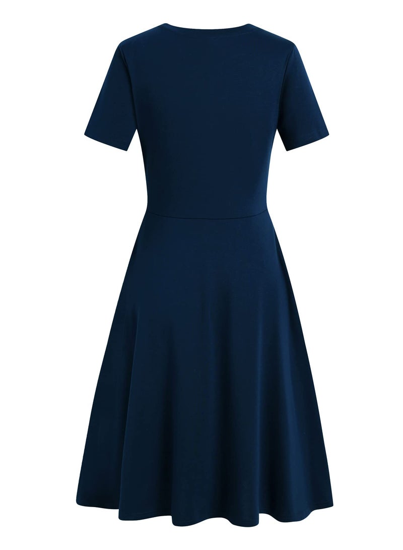 HELYO Business Dresses for Women Professional Floral Print Pockets Casual Work Knee Length A-Line Dress for Juniors Girls Clothes 162 (Navy Blue, L) - Image 4