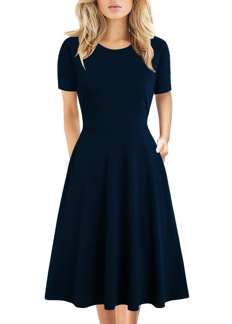 HELYO Business Dresses for Women Professional Floral Print Pockets Casual Work Knee Length A-Line Dress for Juniors Girls Clothes 162 (Navy Blue, L) - Image 1