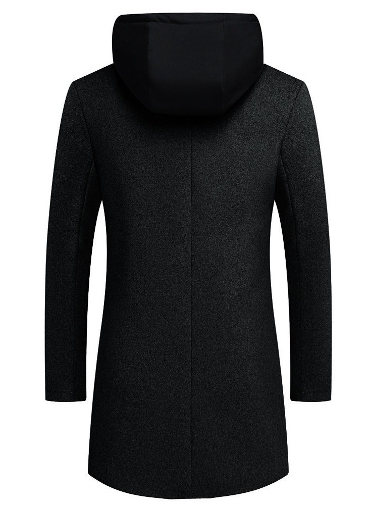 Loquat - Men's Double Collar Casual Woolen Coat Slim Fit Mid Length Jacket Overcoat With Detachable Hat Black - Image 1