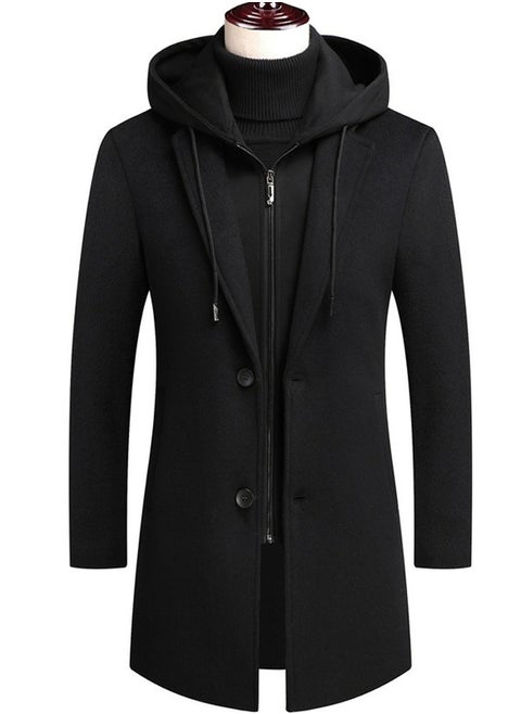 Men's Double Collar Casual Woolen Coat Slim Fit Mid Length Jacket Overcoat With Detachable Hat Black