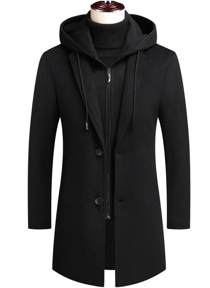 Loquat - Men's Double Collar Casual Woolen Coat Slim Fit Mid Length Jacket Overcoat With Detachable Hat Black - Image 1